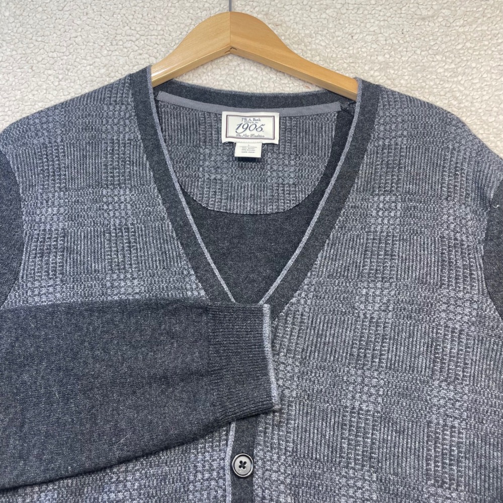 Jos. A. Bank Cardigan Mens L Gray 1905 Wool Houndstooth Elbow Patch Sweater